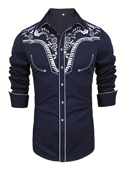Western Cowboy Chic Long Sleeve Embroidered Shirt - Soft Cotton Blend, Elegant Design, Casual Style for Spring Fall Vacation Resort Wear - Men's Shirt for Outdoor Activities, Travel, and Leisure