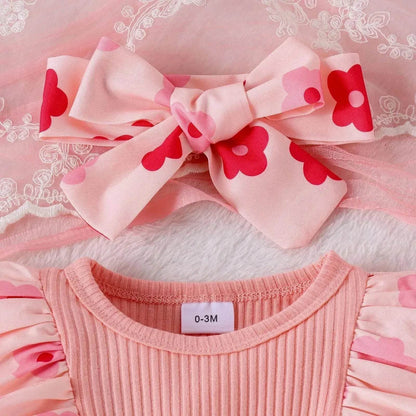One-piece Romper Pants Bow Headdress Suit Baby girl casual pink romper with head bowtie