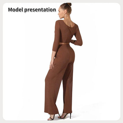 Women Fashion Casual Matching 2pcs set Long Sleeve Crop top and Pant set