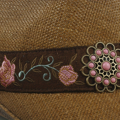 [Elegant Western Cowboy Hat] Natural Straw Western Cowboy Hat - Elegant Women's with Floral Embroidery, Sun Protection, Adjustable Drawstring, Perfect for Summer Outdoor Adventures