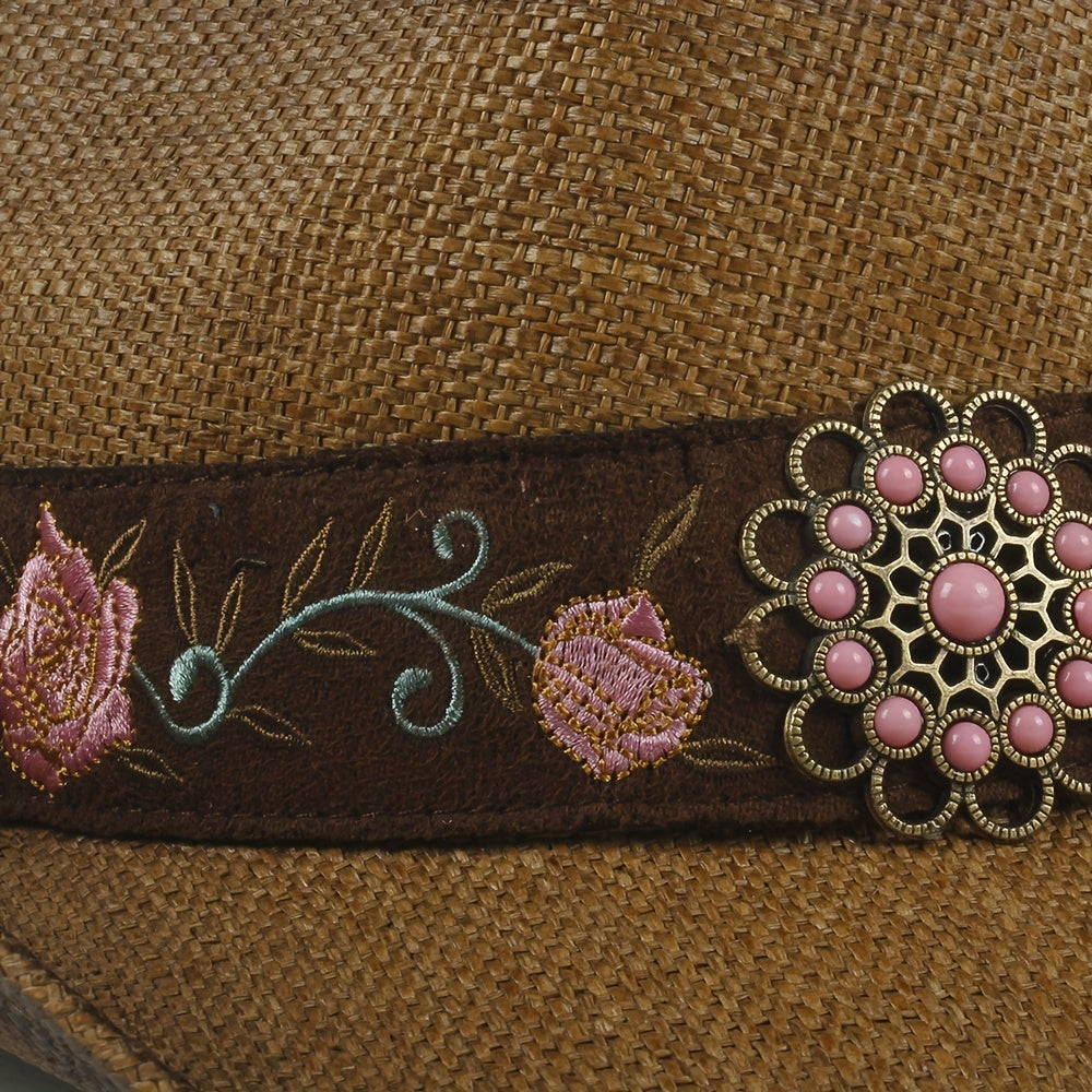 [Elegant Western Cowboy Hat] Natural Straw Western Cowboy Hat - Elegant Women's with Floral Embroidery, Sun Protection, Adjustable Drawstring, Perfect for Summer Outdoor Adventures
