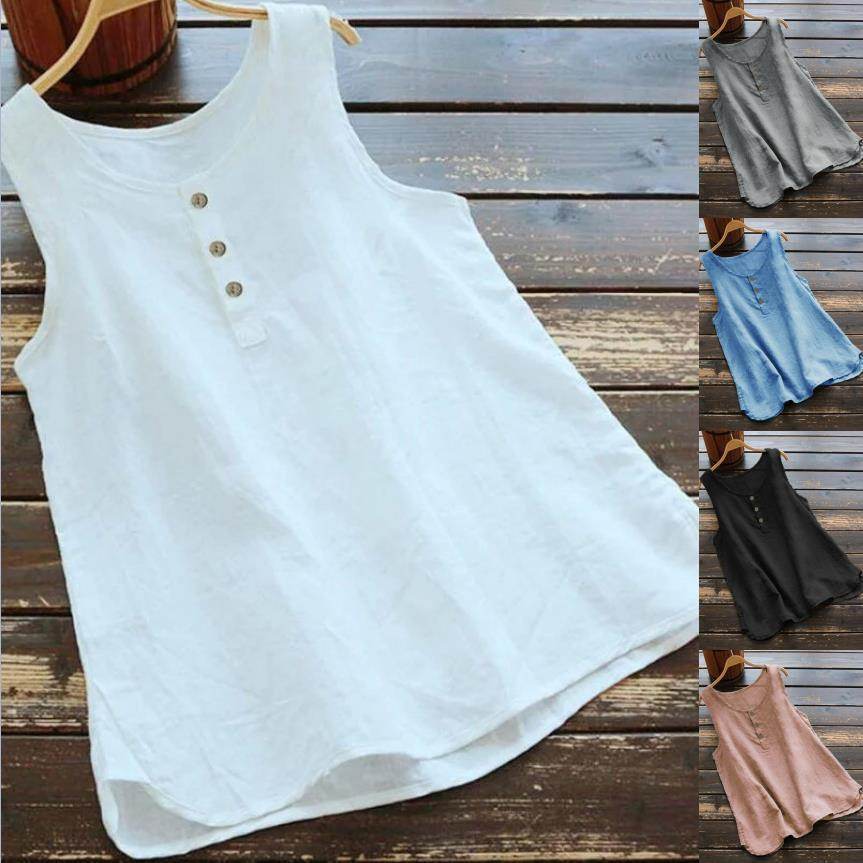 Solid Color Round Neck Loose Casual Vest Cotton Linen summer blouse top for Women