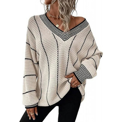 Women’s Striped V-Neck Sweater – Loose-Fit Long-Sleeve Casual Knit Pullover