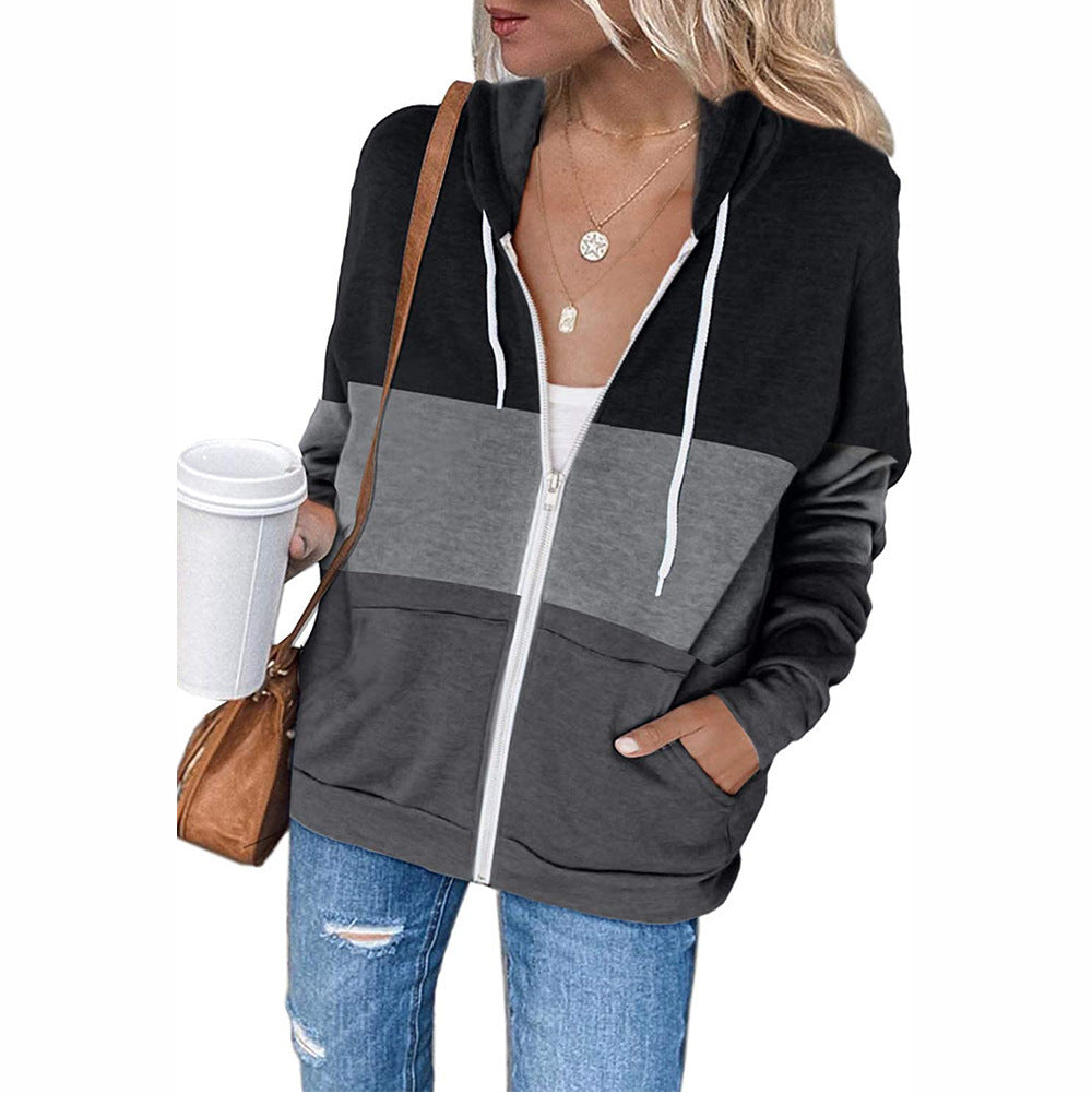 Women's Color-Contrast Hooded Zipper Cardigan Jacket