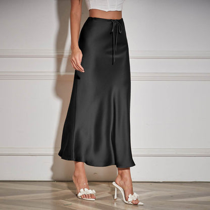 High Quality Satin Silk High Waist Drawstring Lace-up Solid Women Satin Midi Skirt