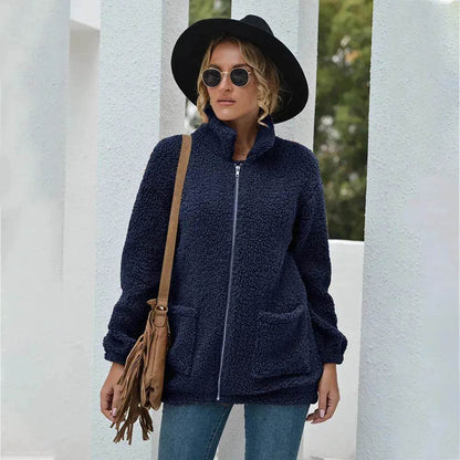 New Autumn Winter Zip up Plush Cardigan Sweater for Women