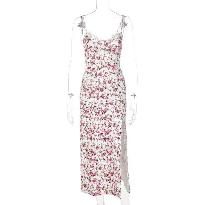 Women's Floral Spaghetti Strap Cami Dress Lace Trim Side Slit Bodycon Midi summer Dress