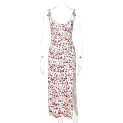 Women's Floral Spaghetti Strap Cami Dress Lace Trim Side Slit Bodycon Midi summer Dress
