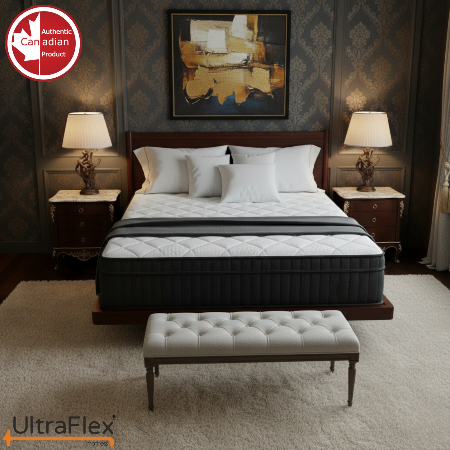 Ensemble matelas et sommier UltraFlex® Opulence, fermeté moyenne, matelas hybride orthopédique – Système avancé de gel rafraîchissant et de ressorts ensachés, fabriqué au Canada, pour un sommeil ininterrompu et un soutien bord à bord