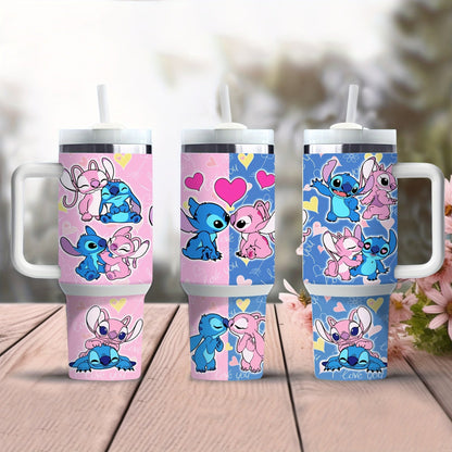 Gobelet isotherme Disney Stitch & Angel 40oz avec poignée - Acier inoxydable, garde les boissons chaudes ou froides, comprend une paille - Cadeau parfait pour la Saint-Valentin pour la famille et les amis