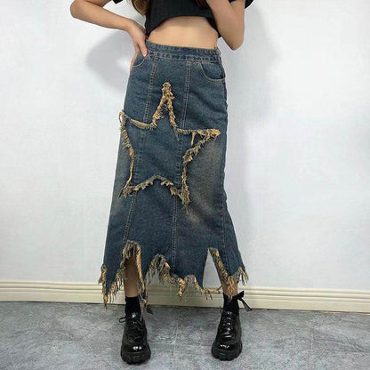 Women's American-style Retro High Waist Irregular Midi Denim Skirt