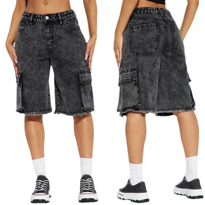 Fashion Street Washed Frayed Hem Women's Denim Straight Short Pants Black Jeans shorts for women