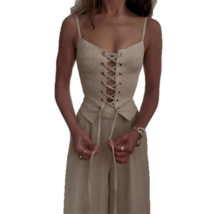 Women’s Sexy Hollow-Out Strap Top & Wide-Leg Pants Set – Casual Summer 2-Piece Outfit