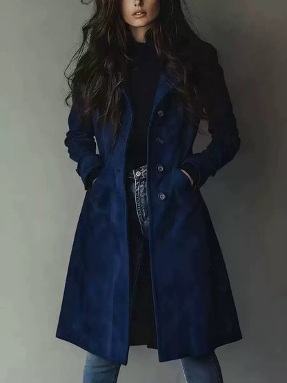 Women’s Suede Lapel Trench Coat – Mid-Length Fall & Winter Belted Jacket