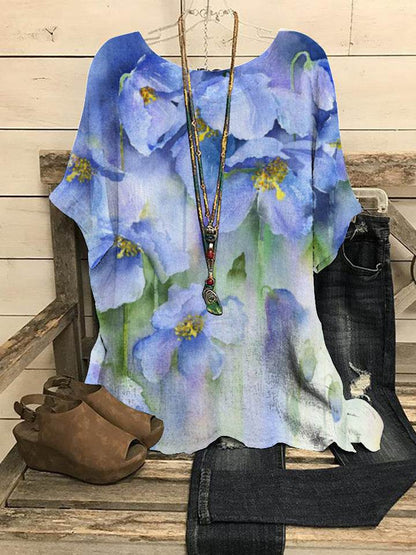 Summer Loose blouse Round Neck Short Sleeve Cotton And Linen Top For Women