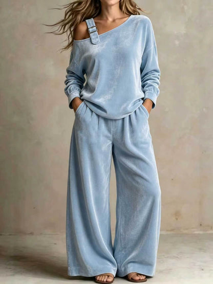 Women’s Velvet Two-Piece Set – Elegant Off-Shoulder Long-Sleeve Top & Full-Length Pants