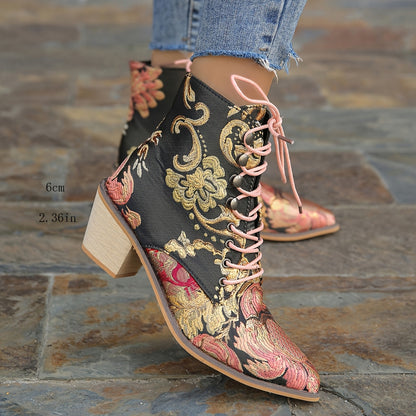 Women's Vintage Flower Boots, Lace Up Chunky Heel Western Cowboy Boots, Point Toe Stylish Chelsea Boots fall