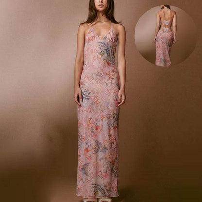 Halter neck Spaghetti Backless Butterfly Design Spring Summer long dress