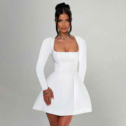Women's Slim-Fit Square-Neck Long-Sleeve Dress – Elegant High-Waist Pullover Dress