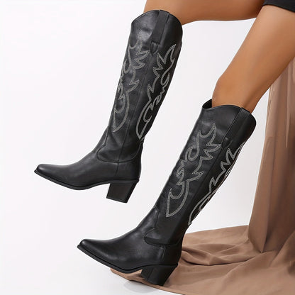 Womens Richly Embroidered Slip-On Cowboy Boots - Fashionable Pointed Toe, Chunky Heel, High Knee Height - Authentic Western Style with Ultimate Comfort - Perfect for Vacation Wear