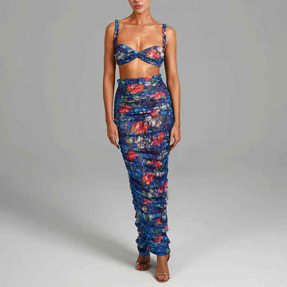 Elegant Women's Two Piece Dress Set – Printed Sleeveless Top with Pleated Maxi Skirt