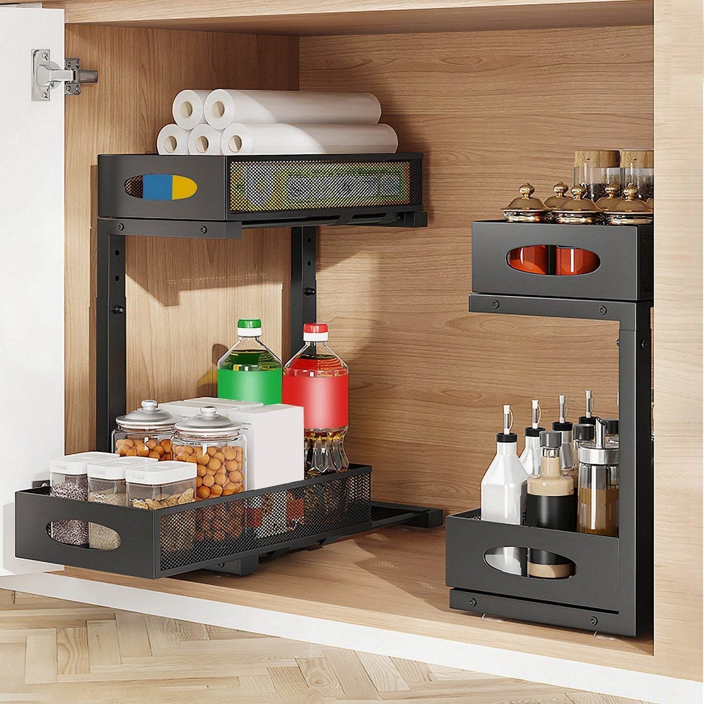 2 paniers de rangement coulissants à 2 niveaux pour dessous d'évier avec 5 paniers en maille à hauteur réglable pour cuisine, salle de bain, bureau à domicile
