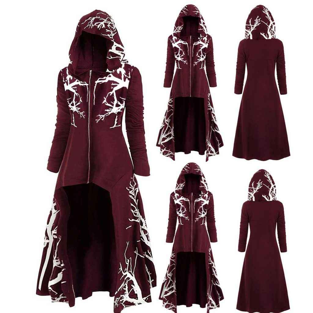 Gothic Halloween Cape Jacket for Women – Printed Long Sleeve Zip-Up Costume Coat