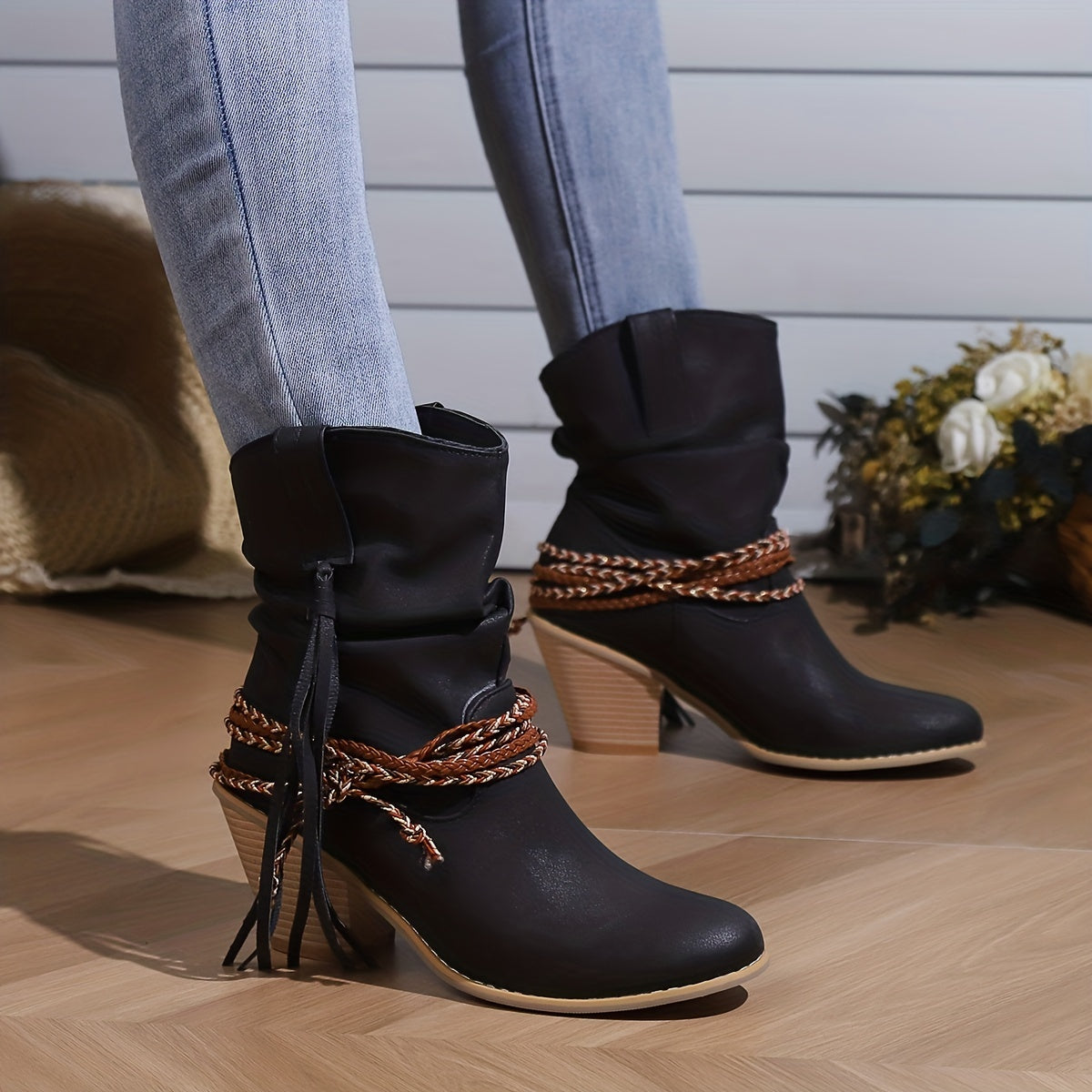 Womens Vintage-Inspired Chunky Heeled Cowboy Boots - Fashionable Tassel & Braided Band Detail, Slip-On Comfort, Soft Slouchy Texture - Retro Short Western Boots