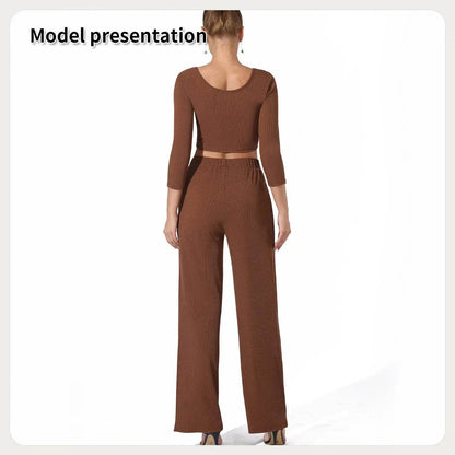 Women Fashion Casual Matching 2pcs set Long Sleeve Crop top and Pant set