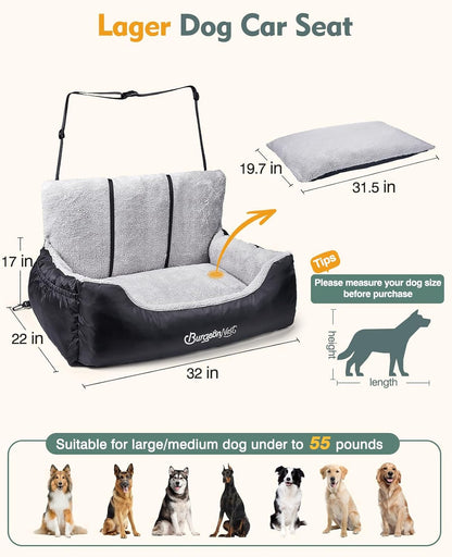 Dog Car Seat for Medium/Large Dogs under 55 Lbs, Soft Pet Car Travel Home Bed, Fully Detachable and Washable Booster Carseats with Storage Pockets and Clip-On Leash Portable Carrier,Black