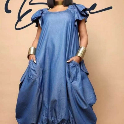 Fashion Faux Denim Large Pocket Loose Dress