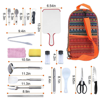 Kit d'ustensiles de cuisine de camping 19 pièces, batterie de cuisine portable de pique-nique, équipement de cuisine d'extérieur, appareils de barbecue de feu de camp avec sac de rangement