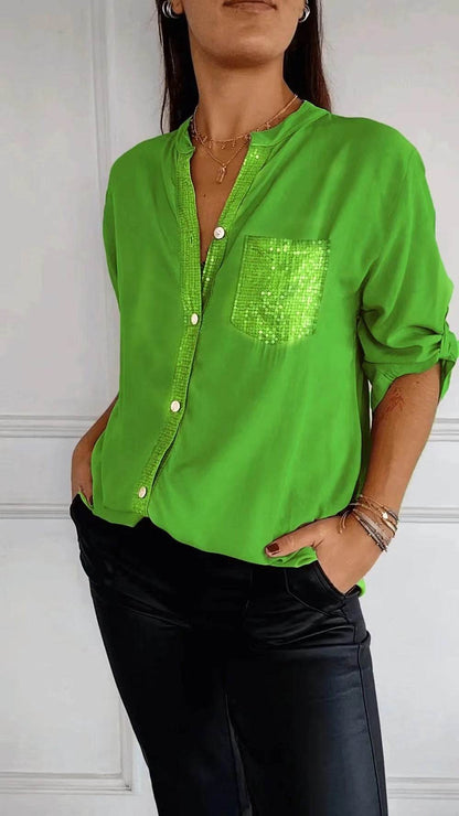 Chemisier décontracté à manches longues avec poche à sequins, haut tendance pour femmes