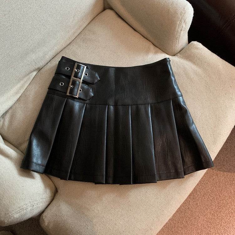 Women's American-style Vintage Mini  Pleated Leather Skirt