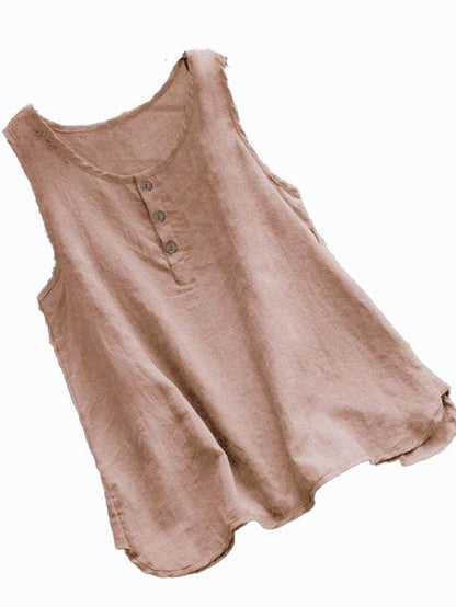 Solid Color Round Neck Loose Casual Vest Cotton Linen summer blouse top for Women