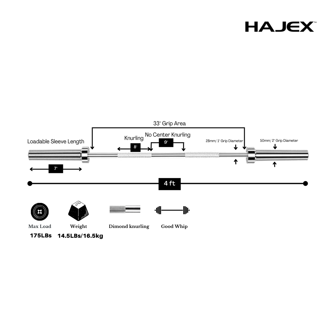 Barres d'haltères olympiques et standard HAJEX 4 pieds, 5 pieds, 6 pieds et 7 pieds