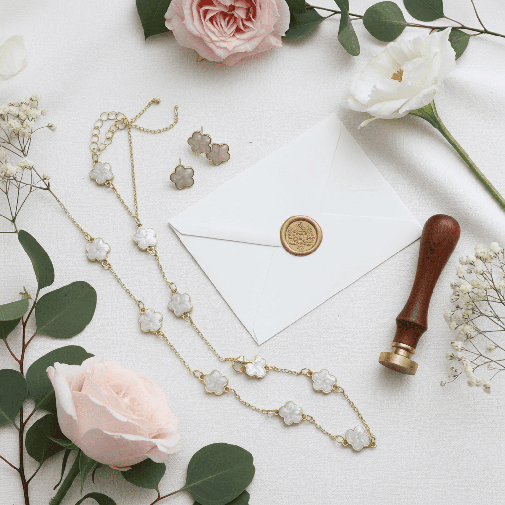 5-Flower White Clover Jewelry Set – Necklace, Bracelet & Stud Earrings