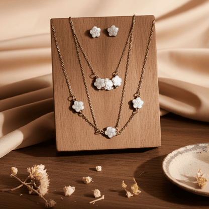 5-Flower White Clover Jewelry Set – Necklace, Bracelet & Stud Earrings
