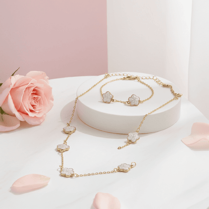 5-Flower White Clover Jewelry Set – Necklace, Bracelet & Stud Earrings