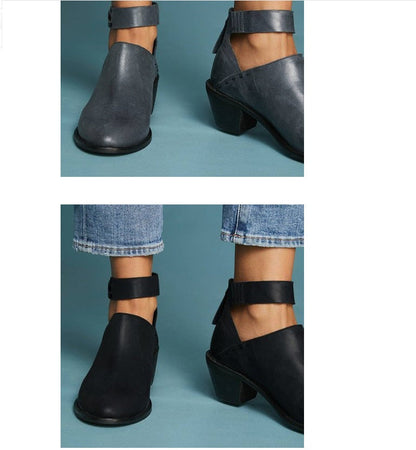 Women’s Leather Ankle Boots – Cut-Out Buckle Strap Booties with Back Zipper