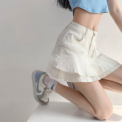 Women's White High Waist flared Mini  Denim Skirt golf skirt