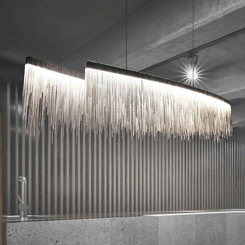Personalized Minimalist Chandelier – Modern Silver Aluminum Pendant Light with Tassel Design for Dining & Living Room