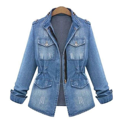 Fitted Zip up Lapel Women Denim Jacket