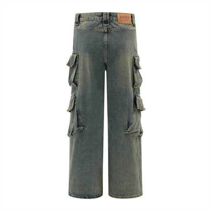 Punk Distressed Washed Denim Jeans Cargo Pant  Men