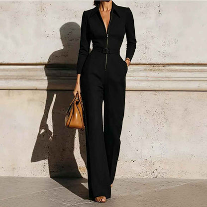 Women’s Autumn Winter V-Neck Belted Long-Sleeve Jumpsuit – Zip-Up Straight-Leg One-Piece