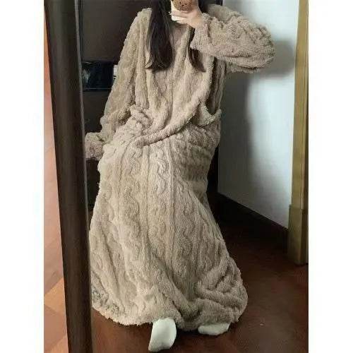 Robe de nuit longue en polaire corail pour femme, pyjama avec poches, robe jacquard épaissie, vêtements de maison chauds