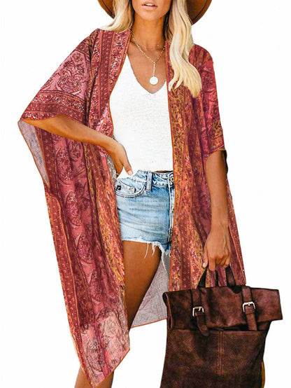 Spring Summer Printed Sun Protection Beach Kimono Cardigan Blouse top Women