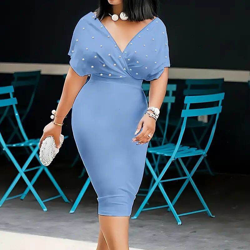 Women's Back Zipper dress Elegant Deep V Neck Wrap Bodycon Dress Pencil Midi Dress