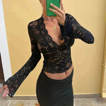 Haut court à manches longues en dentelle florale pour femme, style Y2K, coupe ajustée, débardeur décontracté en dentelle pour femme