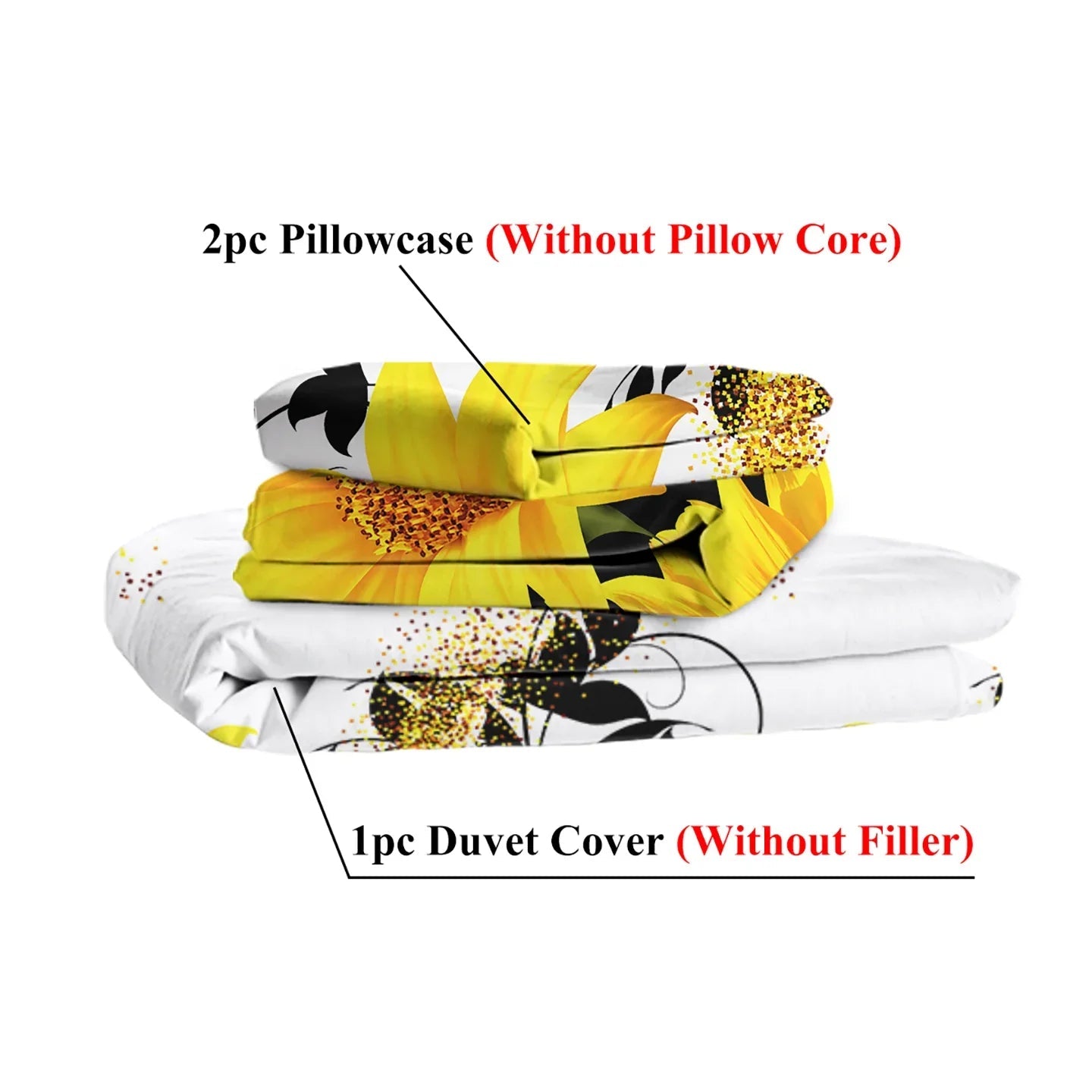 Parure de lit 3 pièces imprimé tournesol noir et blanc Housse de couette et taies d'oreiller Fleur jaune Parure de lit en polyester pour adultes Décoration de chambre à coucher Taille Twin Full Queen King